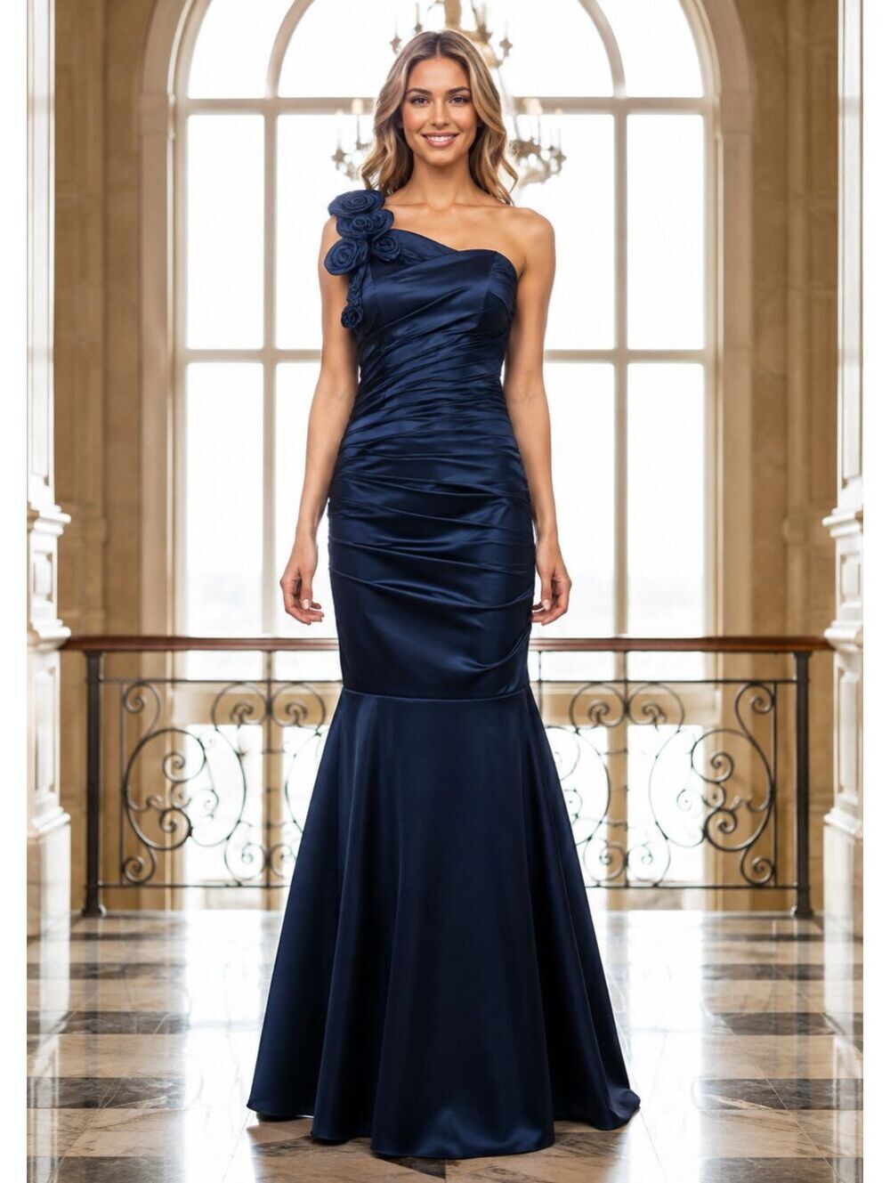 Cache Navy Blue One Shoulder Mermaid Formal Gown Sz 10 Satin Evening Prom Dress